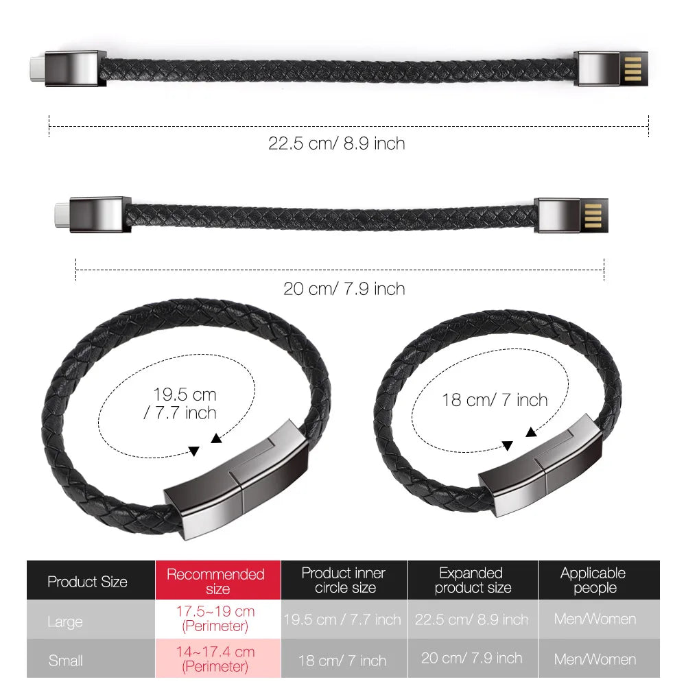 Bracelet USB Charging Cable Outdoor Portable Leather Mini Micro USB C Charger Data Cable For iPhone Samsung HUAWEI Xiaomi Redmi